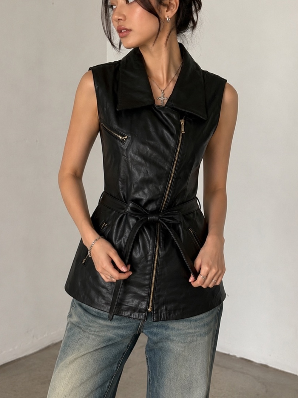 Danier Black Leather Sleeveless Moto Vest with Belted Waist Made in Canada